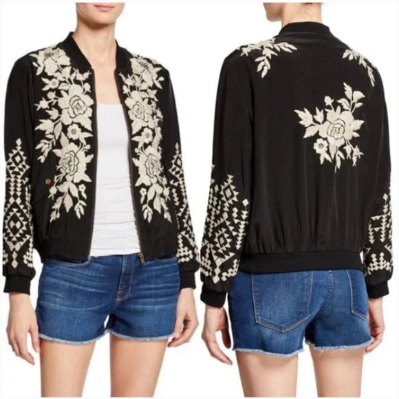 Johnny Was Jackets & Blazers - Johnny Was Mela Embroidered Floral Silk Bomber Jacket in Black